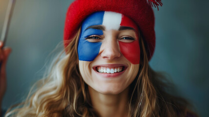 woman celebrating with the French flag painted on her face
