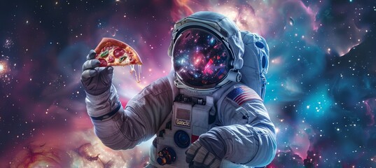 Galactic Flavor - Cosmonaut Enjoying Pizza in Space, Perfect for Advertising Campaigns