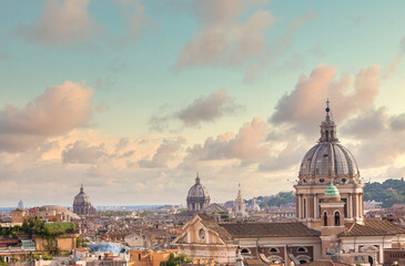 Fototapeta premium Rome, Italy. Urban landscape, blue sky with clouds, church exterior architecture