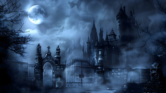 A gothicstyle castle surrounded by fog and moonlight, with an open gate leading to the mysterious graveyard in front of it