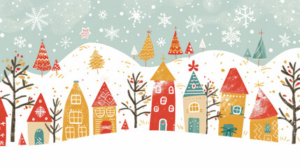 Winter in the village, holiday season postcard style illustration, Merry christmas and happy new year cartoon concept