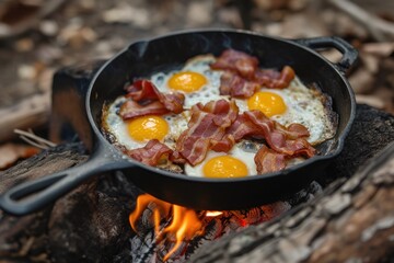 Eggs and bacon sizzling in a cast iron pan