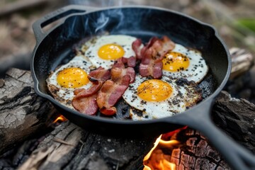 Outdoor cooking of eggs and bacon on fire