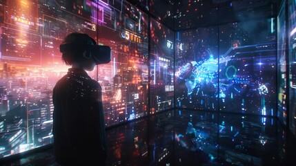 Modern Technology Concept: Experiencing virtual technology world. Mixed media