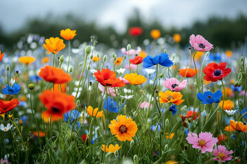 Naklejka premium A verdant meadow blanketed with a riot of wildflowers, their petals swaying in the gentle breeze like a sea of vibrant hues. Concept of floral abundance. Generative Ai.