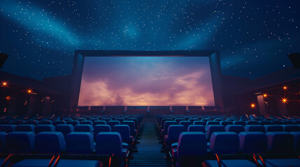 classic Hollywood-style outdoor movie screen under the stars, with a subtle hint of nostalgia, against a dark blue background, copyspace in the center, Outdoor Cinema theme