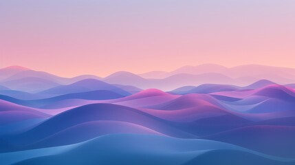 Wide view of a digital landscape with gradient hills at dusk, emphasizing serene and futuristic vibes. Ideal for visual themes of calm and innovation