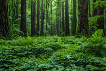 A tranquil grove of ancient redwoods, their towering trunks reaching skyward amidst a carpet of verdant ferns and mosses. Concept of arboreal giants. Generative Ai.