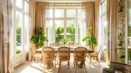 bright dining room with a large wooden table and wicker chairs, featuring large windows with beige curtains, a green leafy plant, and a floral wallpaper trim