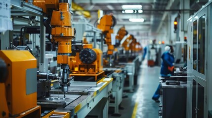 Naklejka premium Wide shot of a tool factory floor with technicians performing essential maintenance on steel machinery, ensuring optimal manufacturing, isolated on white background, copy space