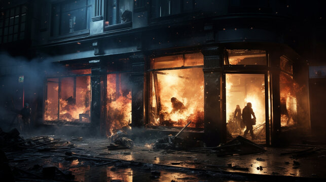 Pogroms and riots in the city at night. People smash shop windows with firebombs