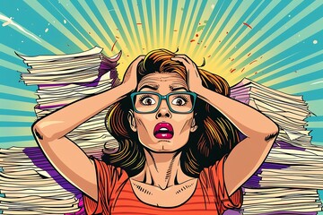 woman surrounded by stacks of papers and documents in shock, deadline in office work or exam, panic and confusion, pop art illustration style