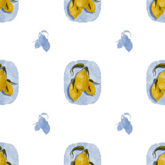 Seamless pattern, large yellow lemons in a blue frame. Watercolor lemons, blue silhouette. For printing on fabric, wallpaper, paper. Transparent background