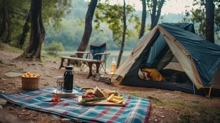 Rustic camping spot with tent and picnic setup