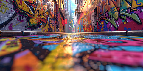Fototapeta premium Digital Graffiti Alley: An alleyway where digital graffiti artists use augmented reality to create vibrant and dynamic street art.