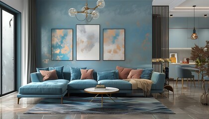 Interior of living room with blue sofa 3d rendering
