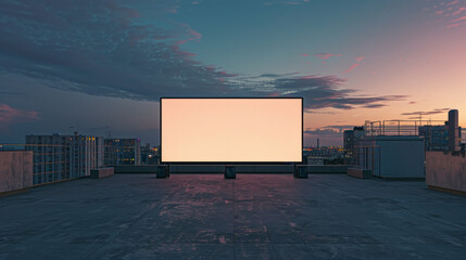 mockup outdoor movie theater with giant screen and  landscape, under cloudy sky on pale purple background, copyspace