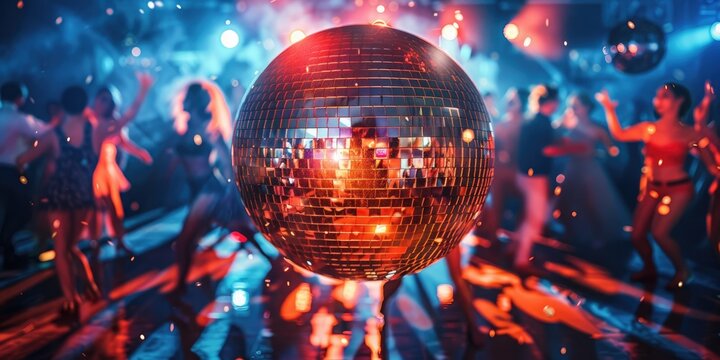 Glittering disco ball casting reflections on a dance floor filled with energetic dancers at a lively disco party.