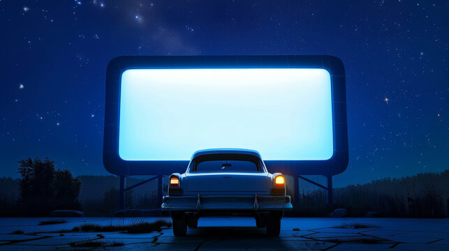 retro-style outdoor movie theater with a vintage car and a giant screen, under a starry night sky, with a subtle hint of fun, against a bright blue background, copyspace, Drive-In Movie theme
