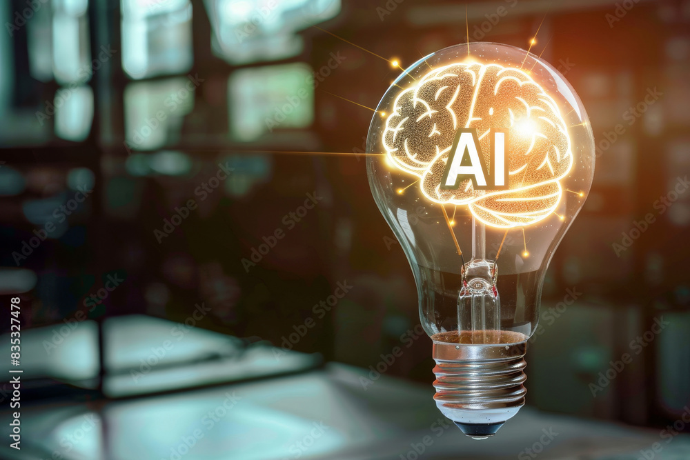 Poster a light bulb with a brain and the word ai on it on blurred background, artificial intelligence conce