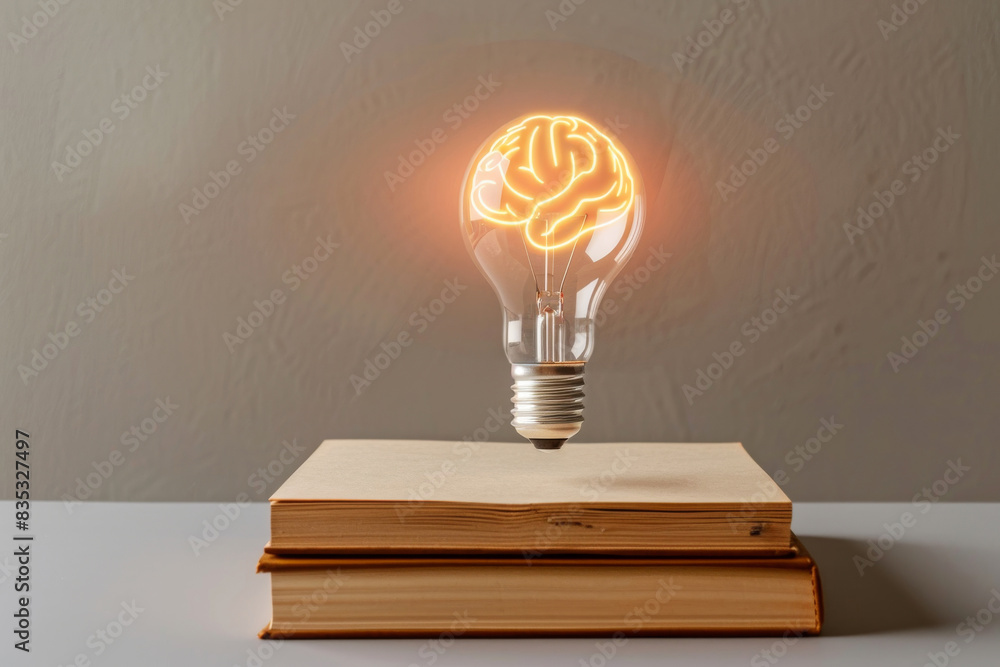 Poster a glowing light bulb with brain icon floating over a book, thinking and knowledge concept
