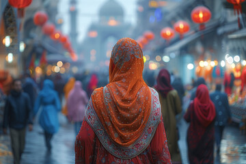 Obraz premium A bustling marketplace alive with the sights and sounds of commerce, where the vibrant tapestry of cultures fuels the fires of imagination. Concept of multicultural inspiration. Generative Ai.