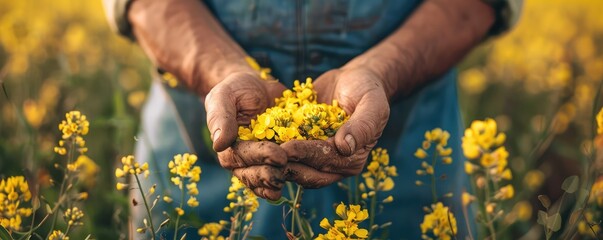 Close-up of a farmer's rough hands cradling bright yellow rapeseed against the backdrop of a blooming field, portraying agricultural practices.