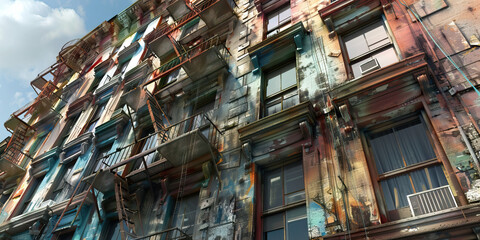 Retrofitted Tenement Building: A rundown tenement building that has been retrofitted with high-tech upgrades, housing a mix of residents from different walks of life