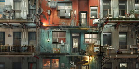 Retrofitted Tenement Building: A rundown tenement building that has been retrofitted with high-tech upgrades, housing a mix of residents from different walks of life