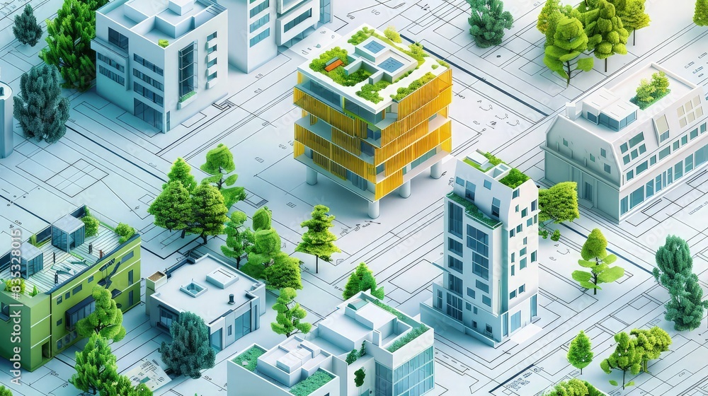 Poster a set of vector icons showcasing modern eco-building techniques like modular construction, 3d printe