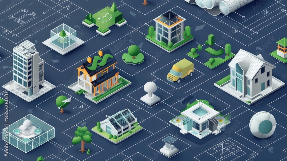 Poster a set of vector icons showcasing modern eco-building techniques like modular construction, 3d printe