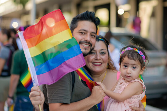 Lovely family with kid are holding a rainbow flag celebrating pride month.