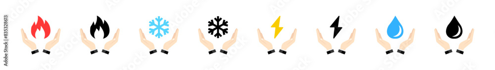 Poster fire, water, frost, snowflake and lightning icon set in flat style. natural elements simple black an