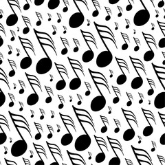 Thirty second note musical symbols varying in size and placed diagonally over white in vector seamless pattern. Surface art texture for use in fabric or graphic design or printing on various surfaces.