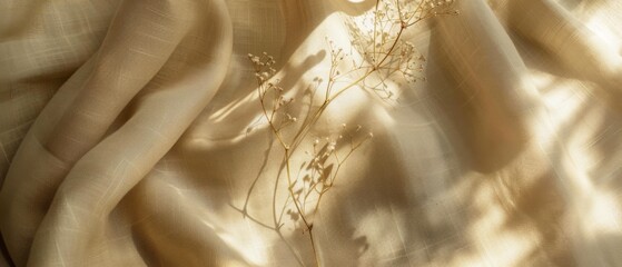 Beige linen fabric texture with folds and natural floral sunlight shadows, aesthetic summer wedding...