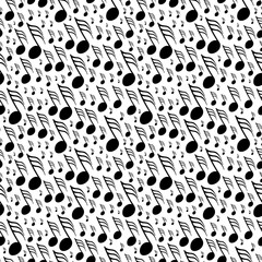 Thirty second note musical symbols varying in size and placed diagonally over white in seamless pattern. Surface art texture for use in fabric or graphic design or printing on various surfaces.