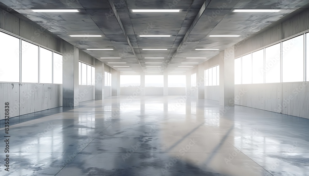 Poster modern huge concrete material empty hall with many columns and big white glowing windows wallpaper s