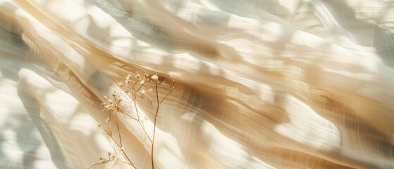 Beige linen fabric texture with folds and natural floral sunlight shadows, aesthetic summer wedding bohemian background