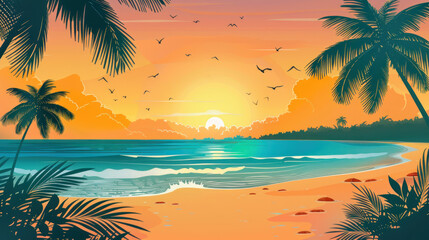 Fototapeta premium A vibrant summer vector background featuring beach illustrations, suitable for banners, cards, flyers, and social media wallpapers.