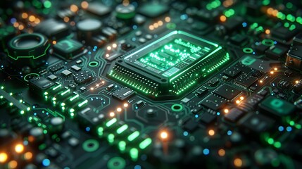 Obraz premium A cybernetic depiction of silicon chip pathways, with intense green and blue pulsating signals, integrated into a dark, industrial setting with visible mechanical components.