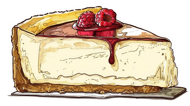 recommend clip art: Exquisitely sketched line art of a slice of  cheesecake, with a thick, creamy filling on a buttery cracker crust, adorned with a drizzle of raspberry sauce.