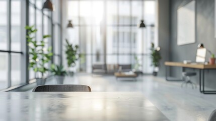 blurred background of a modern office interior in gray tones with panoramic windows