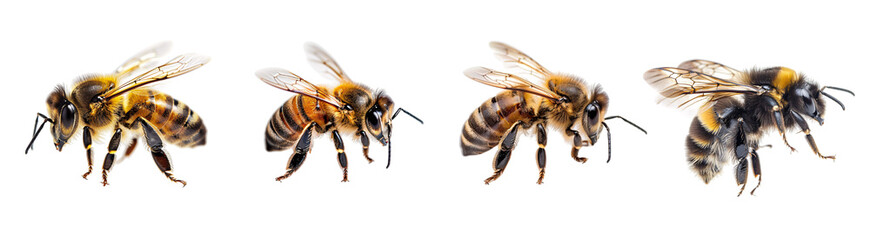 collections of flying bees isolated on a white background, transparent PNG of a honey bee