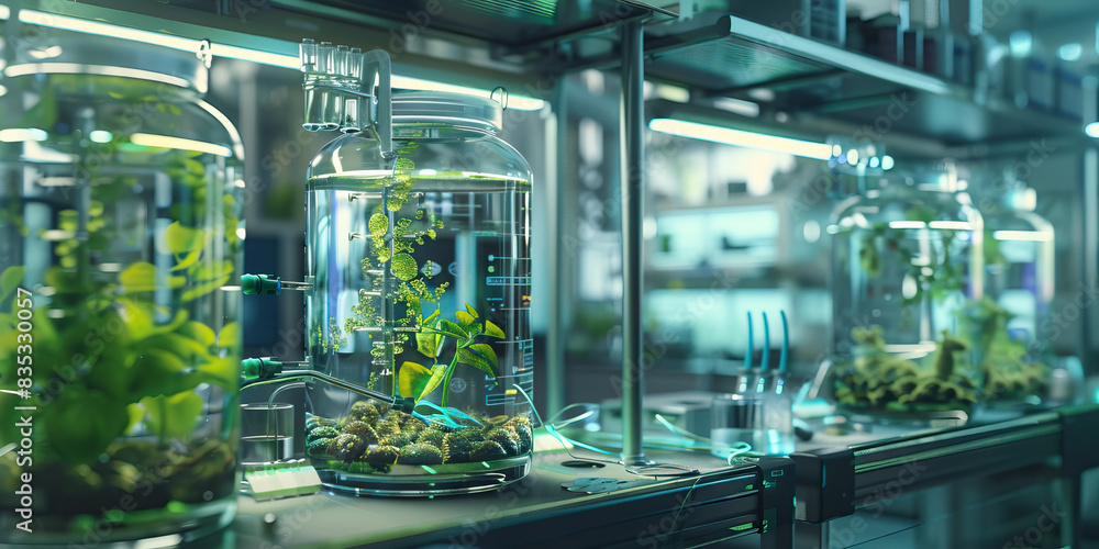 Poster genetic modification lab: a laboratory where geneticists conduct experiments to modify and enhance o