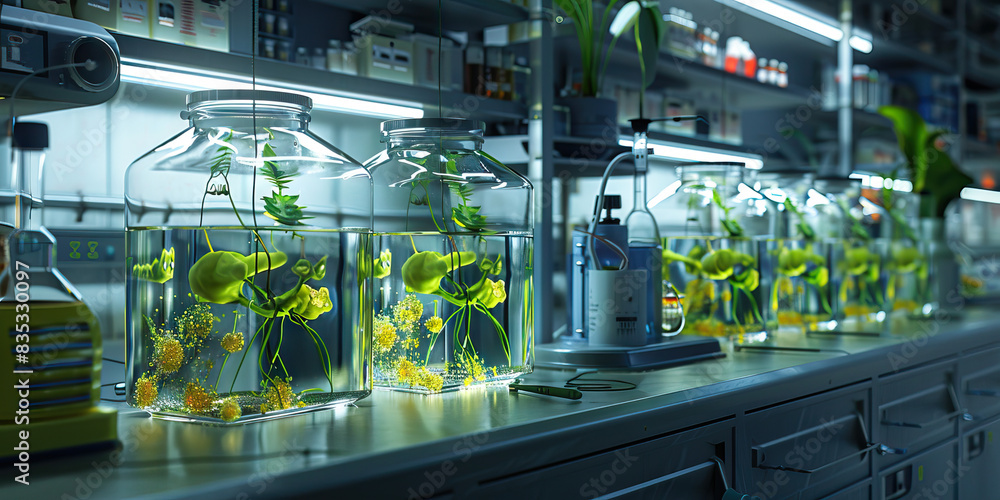 Poster genetic modification lab: a laboratory where geneticists conduct experiments to modify and enhance o