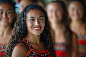 Fototapeta premium Long-haired girl from a group of Maori dancers smiles