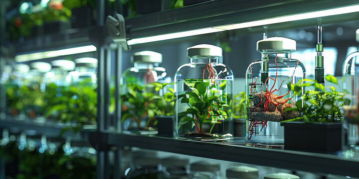 Genetic Modification Lab: A laboratory where geneticists conduct experiments to modify and enhance organisms, with tanks containing genetically modified creatures and plants