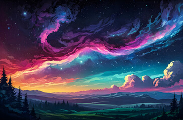 A depiction of a galaxy cloud with aurora-like lights streaming across the sky vector art illustration generative AI.