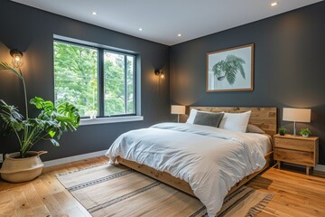 Fototapeta premium Bedroom With Bed and Plant in Corner