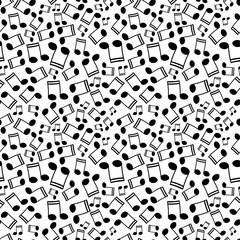 Beam music notes floating over white background. Seamless pattern in black and white for use in fabric or graphic design or printing on various surfaces.